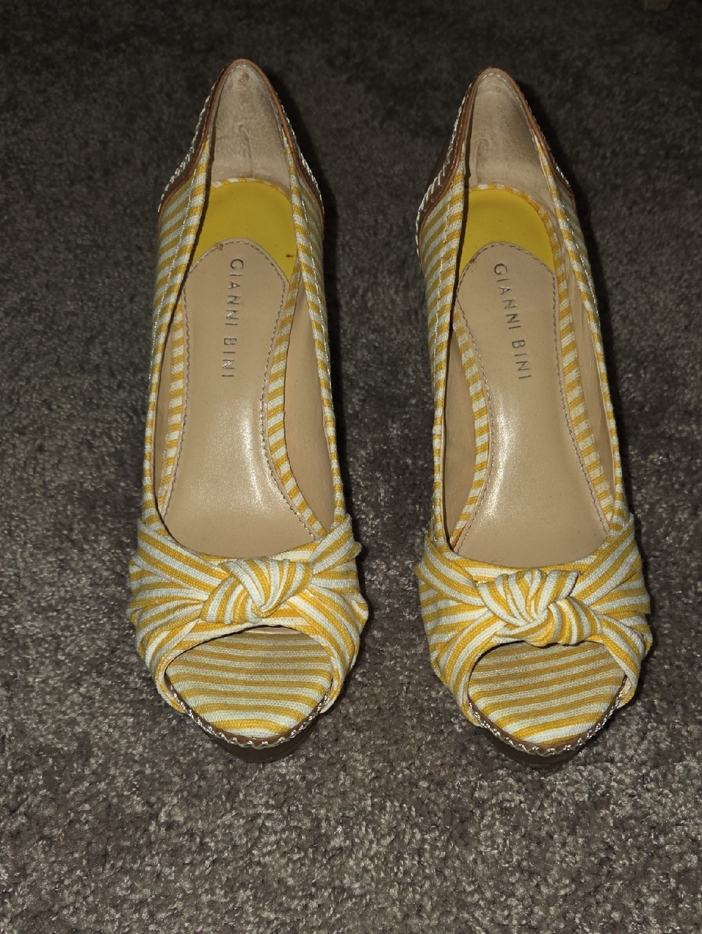 Gianni Bini Yellow and White Striped Peep-Toe Knotted Pumps